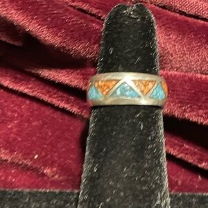 Silver and Turquoise Ring, Blue and Orange design, size 5